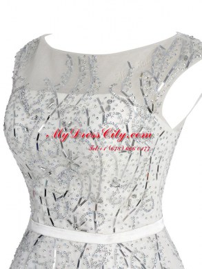 Modest Scoop Cap Sleeves Organza Mini Length Zipper Prom Dresses in White with Beading