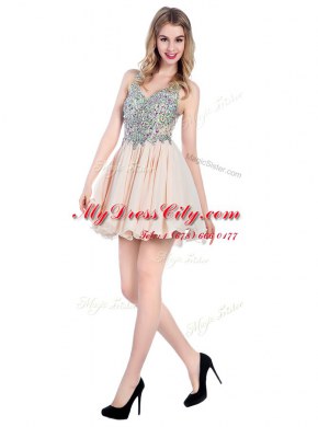 Simple Pink A-line V-neck Sleeveless Organza Mini Length Zipper Beading Cocktail Dresses