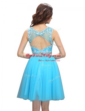 Scoop Baby Blue Sleeveless Tulle Backless Prom Evening Gown for Prom and Party