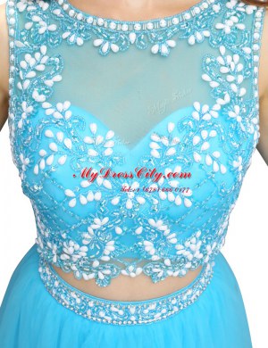 Scoop Baby Blue Sleeveless Tulle Backless Prom Evening Gown for Prom and Party