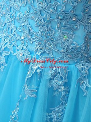 Baby Blue A-line V-neck Sleeveless Organza Knee Length Backless Beading and Appliques Prom Dresses