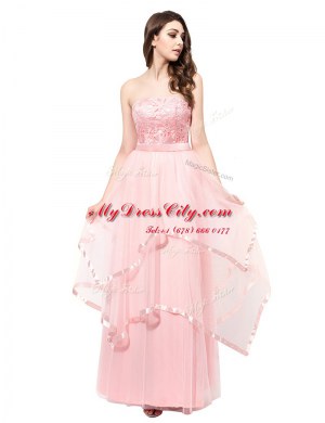 Extravagant Organza Strapless Sleeveless Zipper Lace Prom Evening Gown in Baby Pink