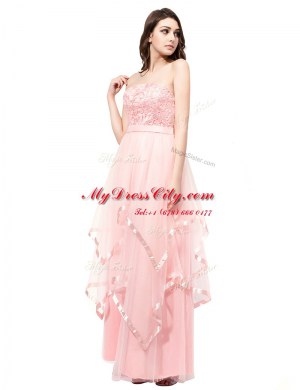 Extravagant Organza Strapless Sleeveless Zipper Lace Prom Evening Gown in Baby Pink