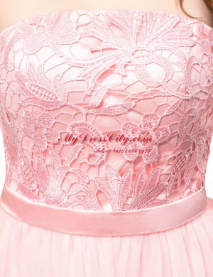 Extravagant Organza Strapless Sleeveless Zipper Lace Prom Evening Gown in Baby Pink
