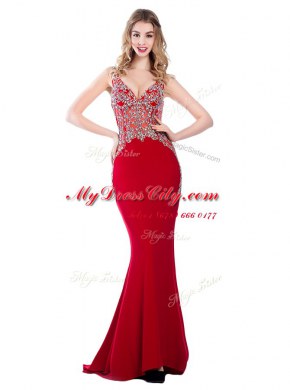 Red Mermaid V-neck Sleeveless Silk Like Satin With Brush Train Backless Beading Prom Dress