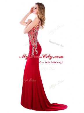 Red Mermaid V-neck Sleeveless Silk Like Satin With Brush Train Backless Beading Prom Dress