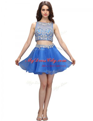 Glorious Blue A-line Beading Prom Gown Zipper Organza Sleeveless Mini Length