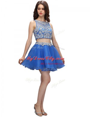 Glorious Blue A-line Beading Prom Gown Zipper Organza Sleeveless Mini Length