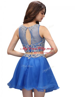 Glorious Blue A-line Beading Prom Gown Zipper Organza Sleeveless Mini Length
