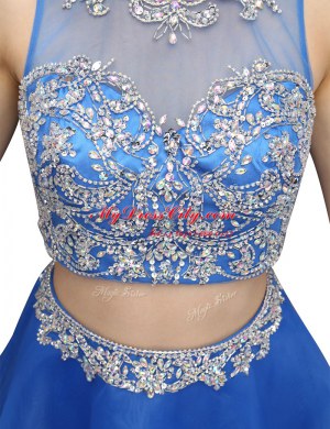 Glorious Blue A-line Beading Prom Gown Zipper Organza Sleeveless Mini Length