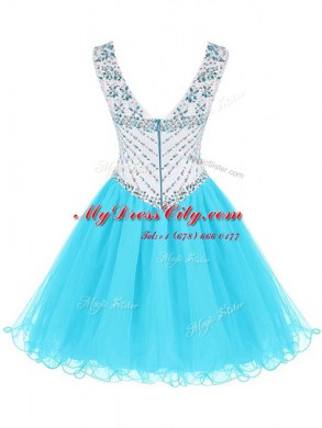 A-line Dress for Prom Baby Blue V-neck Organza Sleeveless Mini Length Zipper