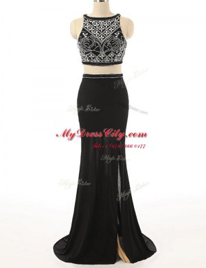 Scoop Sleeveless With Train Beading Zipper Dress for Prom with Black Brush Train
