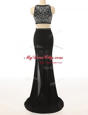 Scoop Sleeveless With Train Beading Zipper Dress for Prom with Black Brush Train