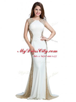 Scoop With Train White Homecoming Dress Chiffon Brush Train Sleeveless Beading