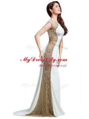 Scoop With Train White Homecoming Dress Chiffon Brush Train Sleeveless Beading