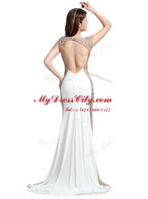 Scoop With Train White Homecoming Dress Chiffon Brush Train Sleeveless Beading