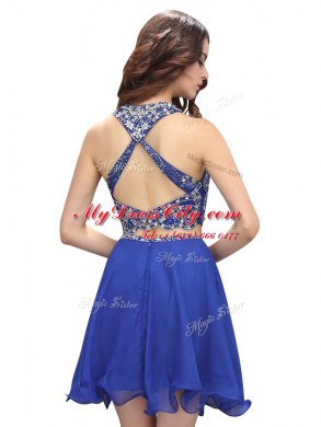 Royal Blue Empire Organza Scoop Sleeveless Beading Knee Length Criss Cross Cocktail Dress