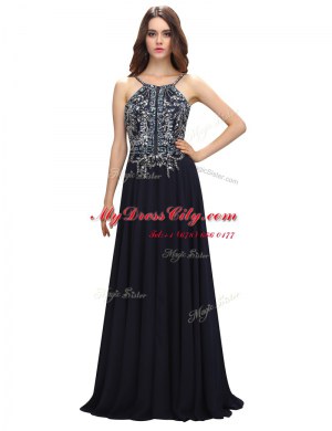 Black Zipper Spaghetti Straps Beading Prom Dresses Chiffon Sleeveless Brush Train