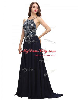 Black Zipper Spaghetti Straps Beading Prom Dresses Chiffon Sleeveless Brush Train