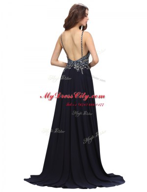 Black Zipper Spaghetti Straps Beading Prom Dresses Chiffon Sleeveless Brush Train