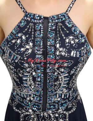 Black Zipper Spaghetti Straps Beading Prom Dresses Chiffon Sleeveless Brush Train