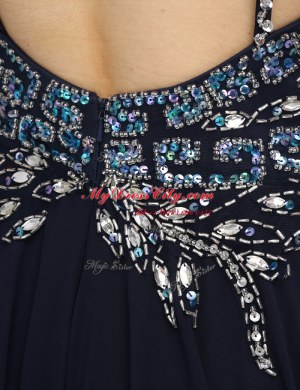 Black Zipper Spaghetti Straps Beading Prom Dresses Chiffon Sleeveless Brush Train