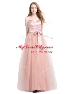 Column/Sheath Prom Party Dress Pink Spaghetti Straps Tulle Sleeveless Floor Length Zipper