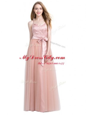 Column/Sheath Prom Party Dress Pink Spaghetti Straps Tulle Sleeveless Floor Length Zipper