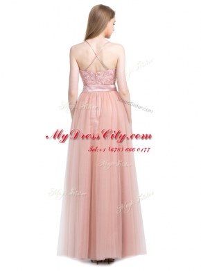Column/Sheath Prom Party Dress Pink Spaghetti Straps Tulle Sleeveless Floor Length Zipper