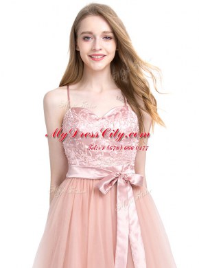 Column/Sheath Prom Party Dress Pink Spaghetti Straps Tulle Sleeveless Floor Length Zipper