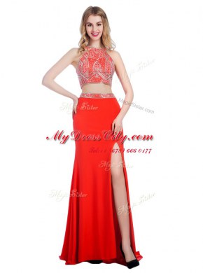 Coral Red High-neck Criss Cross Beading Dress for Prom Sweep Train Sleeveless