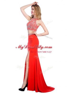 Coral Red High-neck Criss Cross Beading Dress for Prom Sweep Train Sleeveless