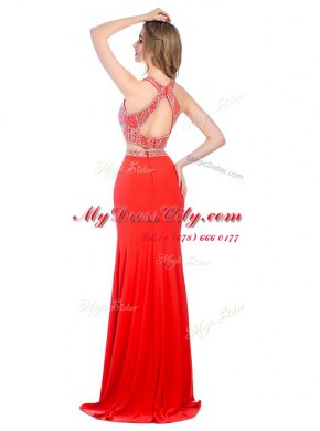 Coral Red High-neck Criss Cross Beading Dress for Prom Sweep Train Sleeveless