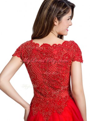 Square Cap Sleeves Tulle Prom Gown Beading Side Zipper