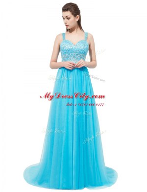 New Style Aqua Blue Sleeveless Tulle Brush Train Zipper Prom Gown for Prom and Party