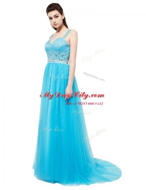 New Style Aqua Blue Sleeveless Tulle Brush Train Zipper Prom Gown for Prom and Party