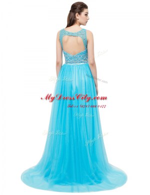 New Style Aqua Blue Sleeveless Tulle Brush Train Zipper Prom Gown for Prom and Party