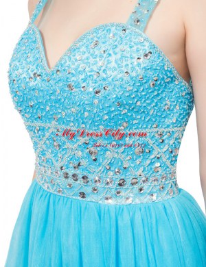 New Style Aqua Blue Sleeveless Tulle Brush Train Zipper Prom Gown for Prom and Party