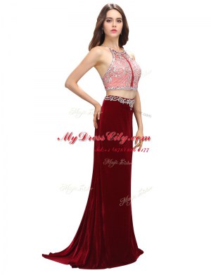 Elegant Burgundy Criss Cross Scoop Beading and Appliques Homecoming Dress Elastic Woven Satin Sleeveless Sweep Train