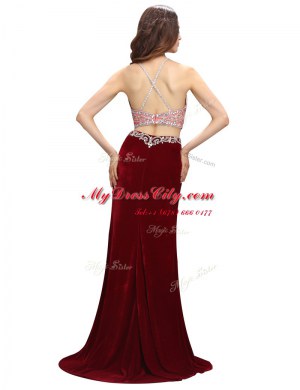 Elegant Burgundy Criss Cross Scoop Beading and Appliques Homecoming Dress Elastic Woven Satin Sleeveless Sweep Train