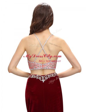 Elegant Burgundy Criss Cross Scoop Beading and Appliques Homecoming Dress Elastic Woven Satin Sleeveless Sweep Train