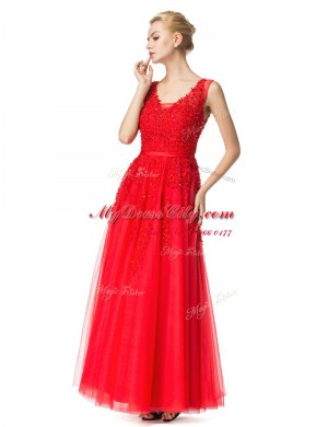 Spectacular Red Evening Dress Prom and Party and For with Beading and Appliques V-neck Sleeveless Lace Up