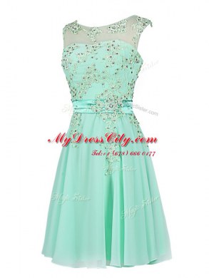 Dazzling Scoop Knee Length Zipper Prom Dresses Turquoise for Prom and Party with Beading and Appliques