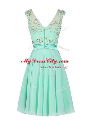 Dazzling Scoop Knee Length Zipper Prom Dresses Turquoise for Prom and Party with Beading and Appliques