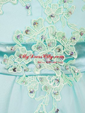 Dazzling Scoop Knee Length Zipper Prom Dresses Turquoise for Prom and Party with Beading and Appliques