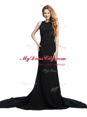 Artistic Scoop Black Sleeveless With Train Beading and Lace Zipper Prom Dress