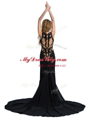 Artistic Scoop Black Sleeveless With Train Beading and Lace Zipper Prom Dress
