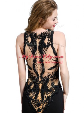 Artistic Scoop Black Sleeveless With Train Beading and Lace Zipper Prom Dress