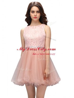 Super Peach Organza Zipper Scoop Sleeveless Mini Length Evening Dress Beading and Lace