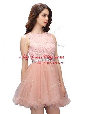 Super Peach Organza Zipper Scoop Sleeveless Mini Length Evening Dress Beading and Lace